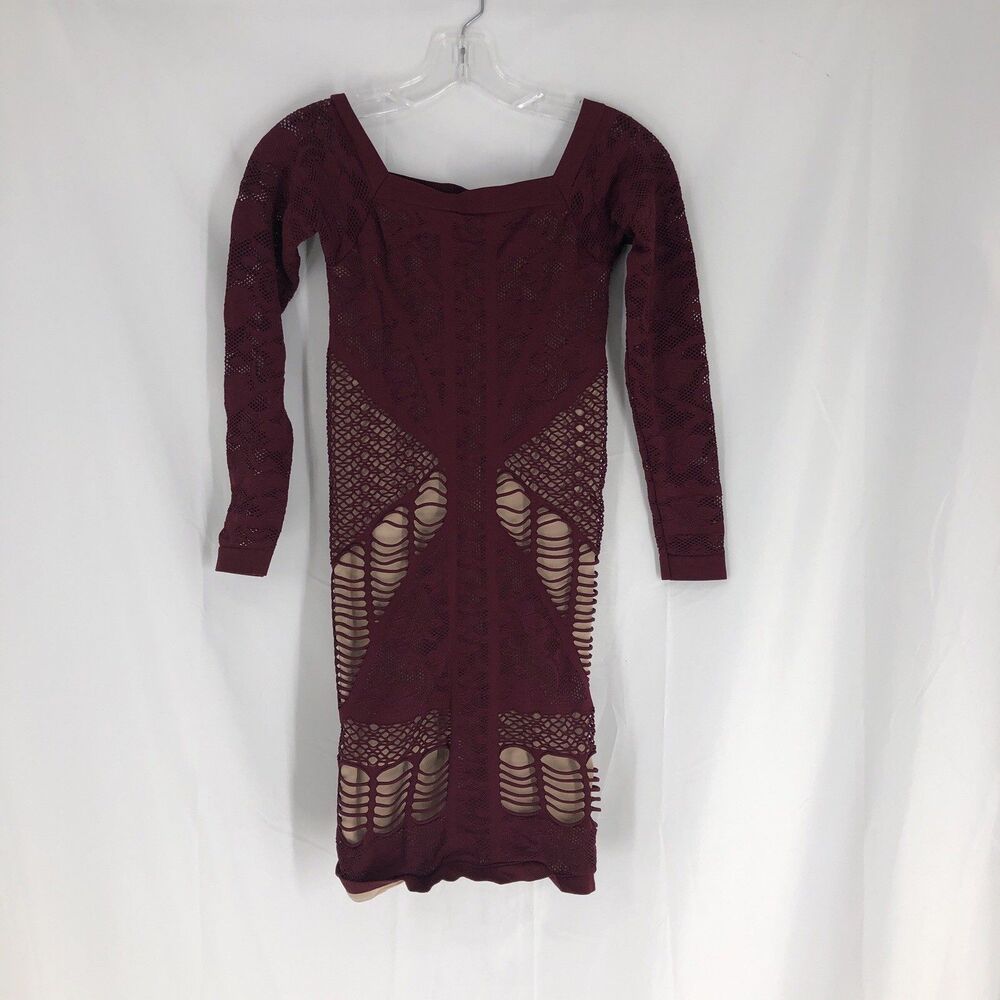 Bebe Women's Long Sleeve Mesh/Lace Dress Wine Bodycon Mini Sz M/L